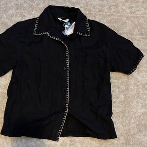 Women's Black Short Sleeve Blouse with Contrast Stitching